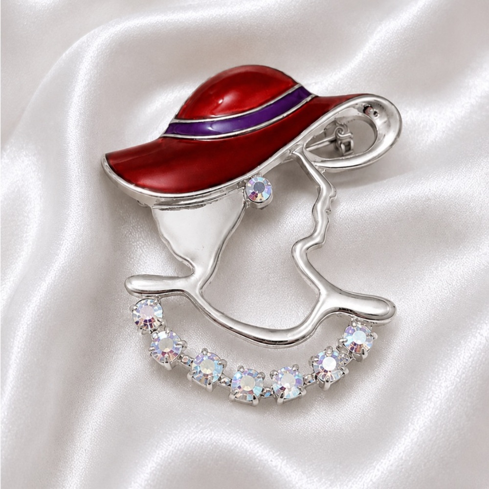 💥🆕💥RED HAT SOCIETY Red & Purple Hat Silhouette Brooch with Crystal Accents